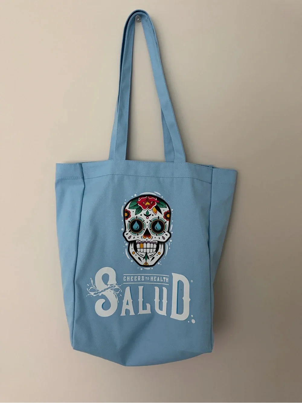 Light Blue 'Salud' Tote Bag with Sugar Skull Design